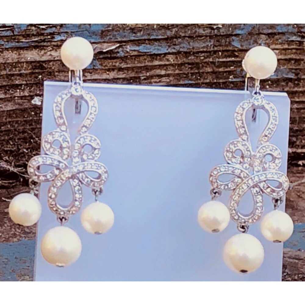 Silver Tone Bow Chandelier Clip On Earrings with Faux Pearls and Rhinestones
